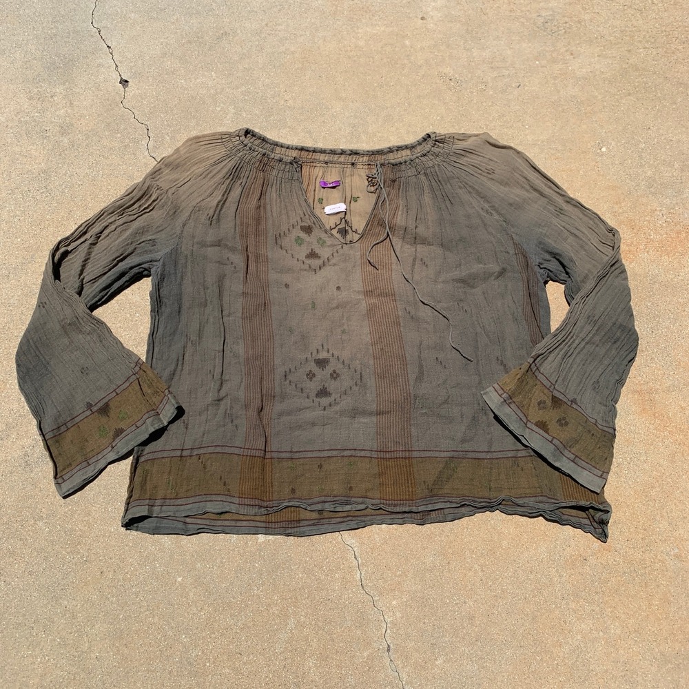 Dosa "sample" linen blend boho detailed sheer peasant top in brown -medium women